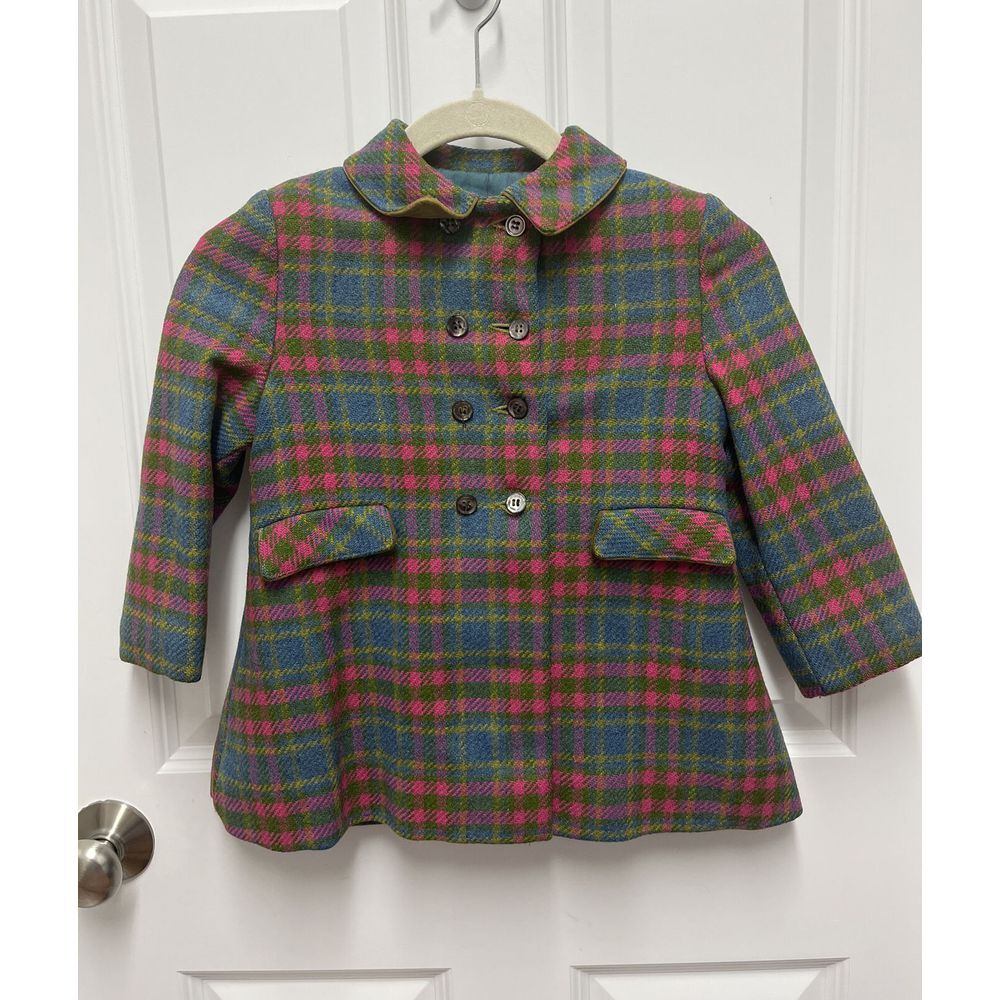 Vintage Kate Kiddies Blue Pink Plaid Double Breasted Girls Coat ILGWU Union Made